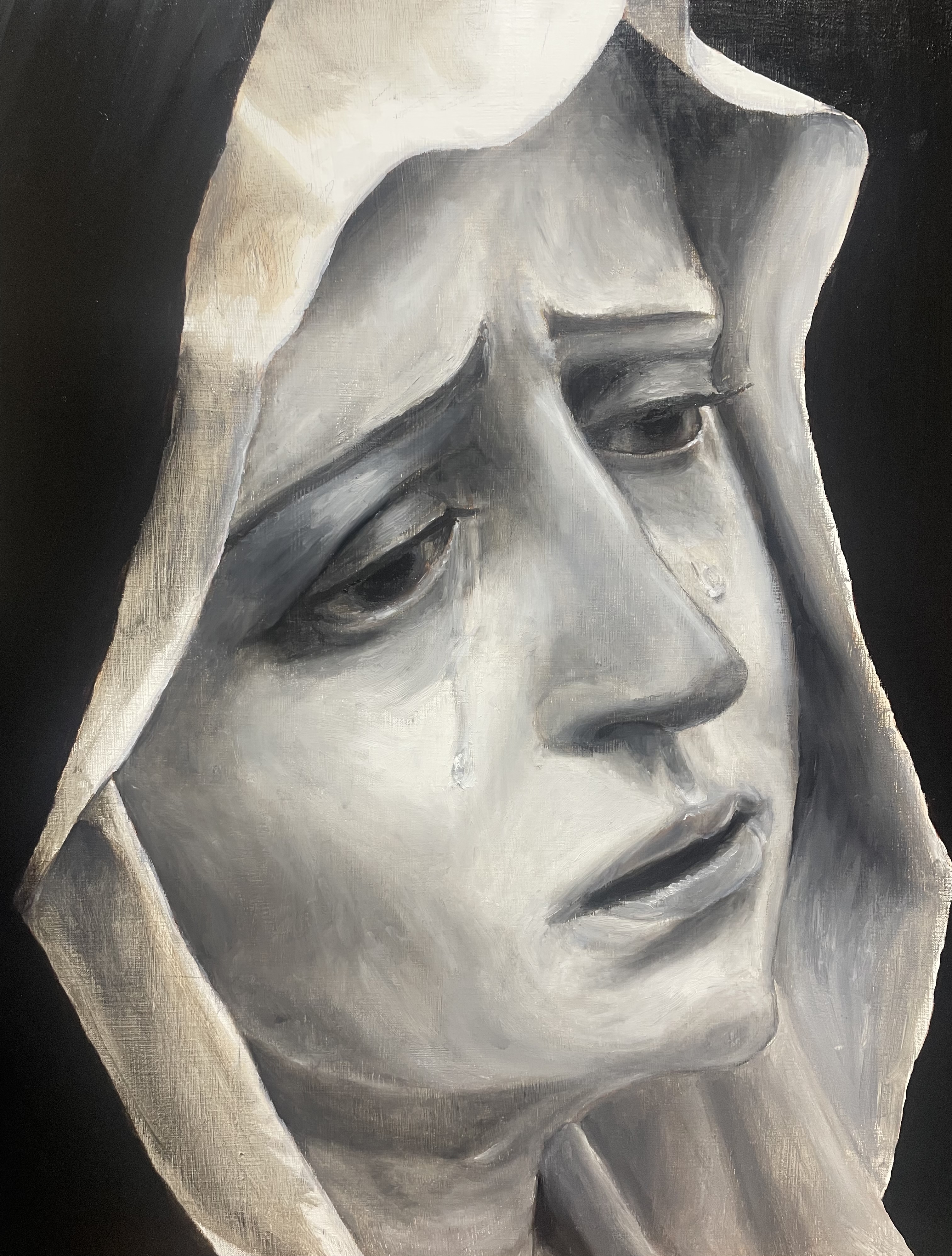 涙を浮かべた人物の顔を描いた絵画