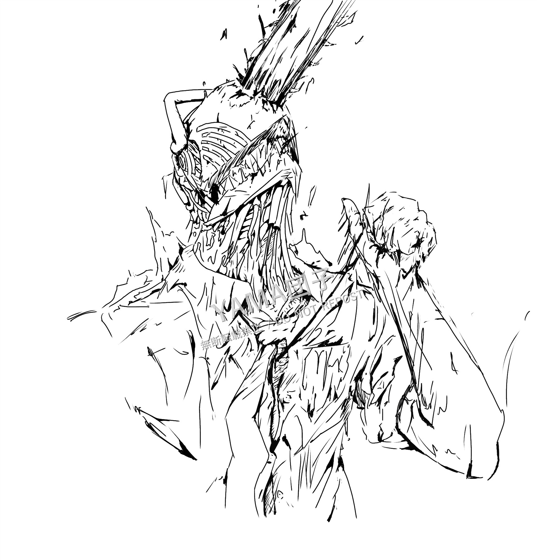 チェーンソーの頭部を持つキャラクターを描いたモノクロの線画
