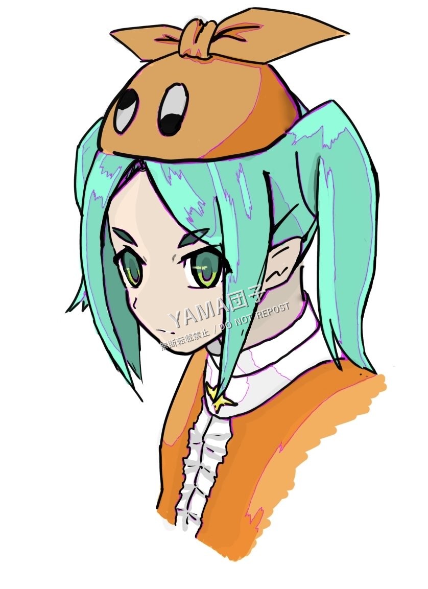 ミントグリーンの髪とオレンジ色の衣装のキャラクターを描いたカラーイラスト